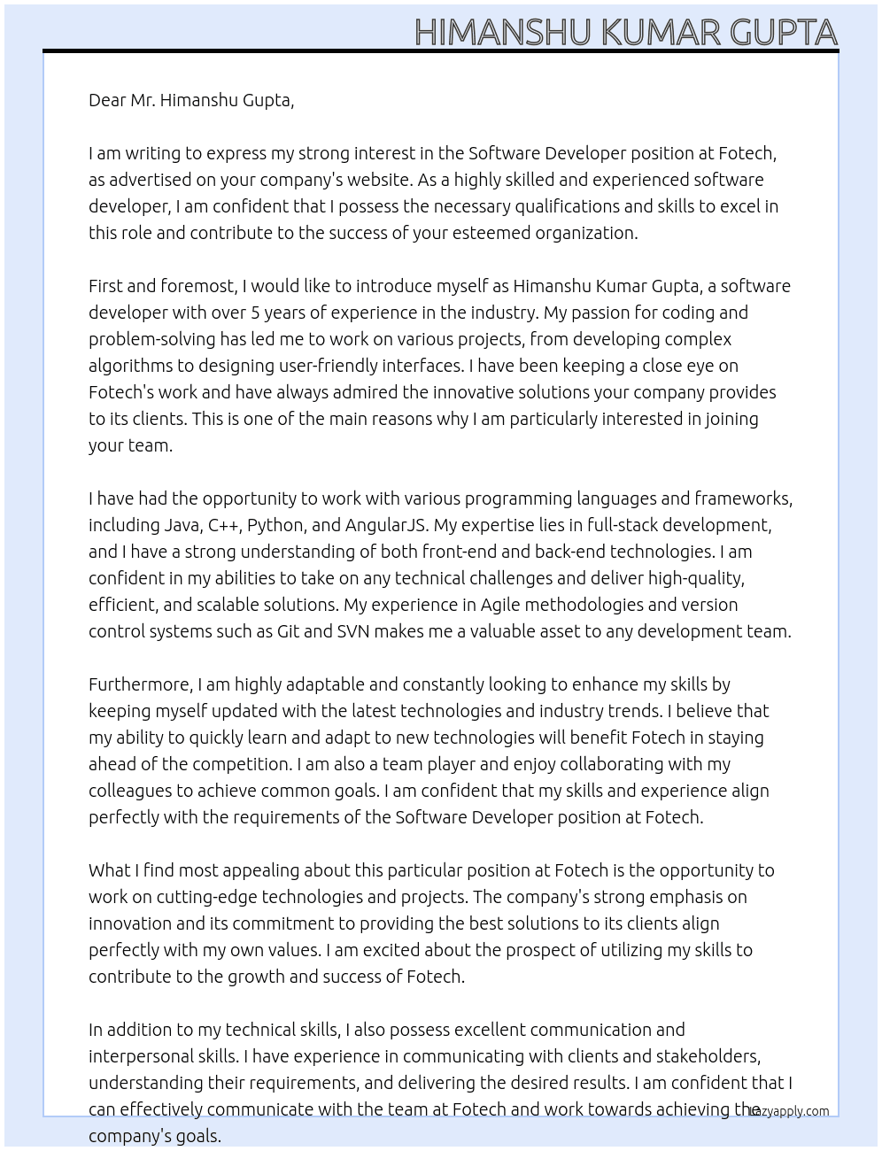 Software developer At Fotech Cover Letter