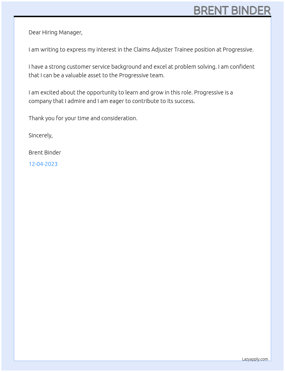 Cover letter for claims adjuster trainee - LazyApply