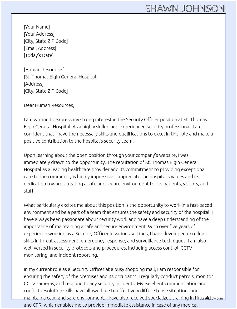 Security Officer At St. Thomas Elgin General Hospital Cover Letter