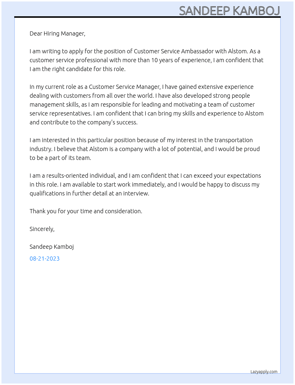 Customer service ambassador At Alstom Cover Letter