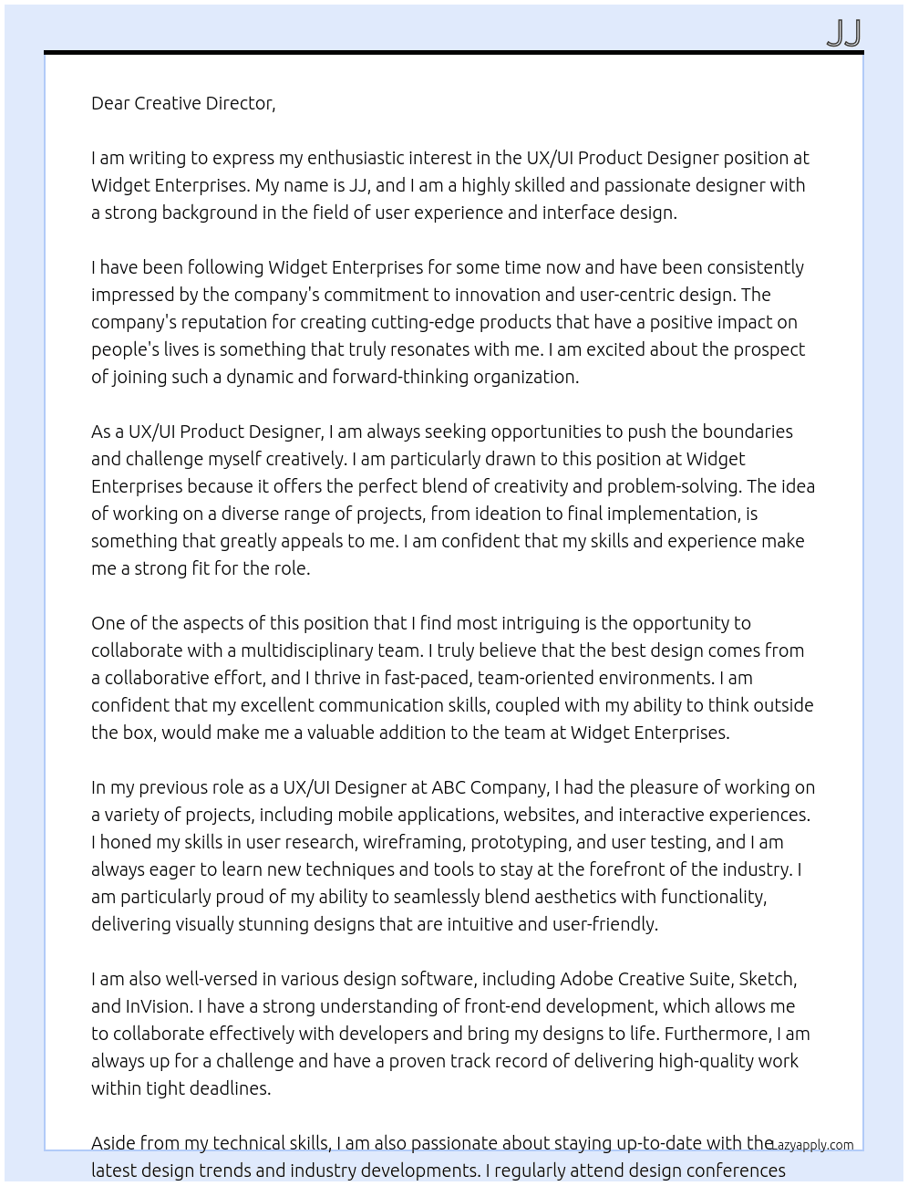 UX/UI Product Designer At Widget Enterprises Cover Letter