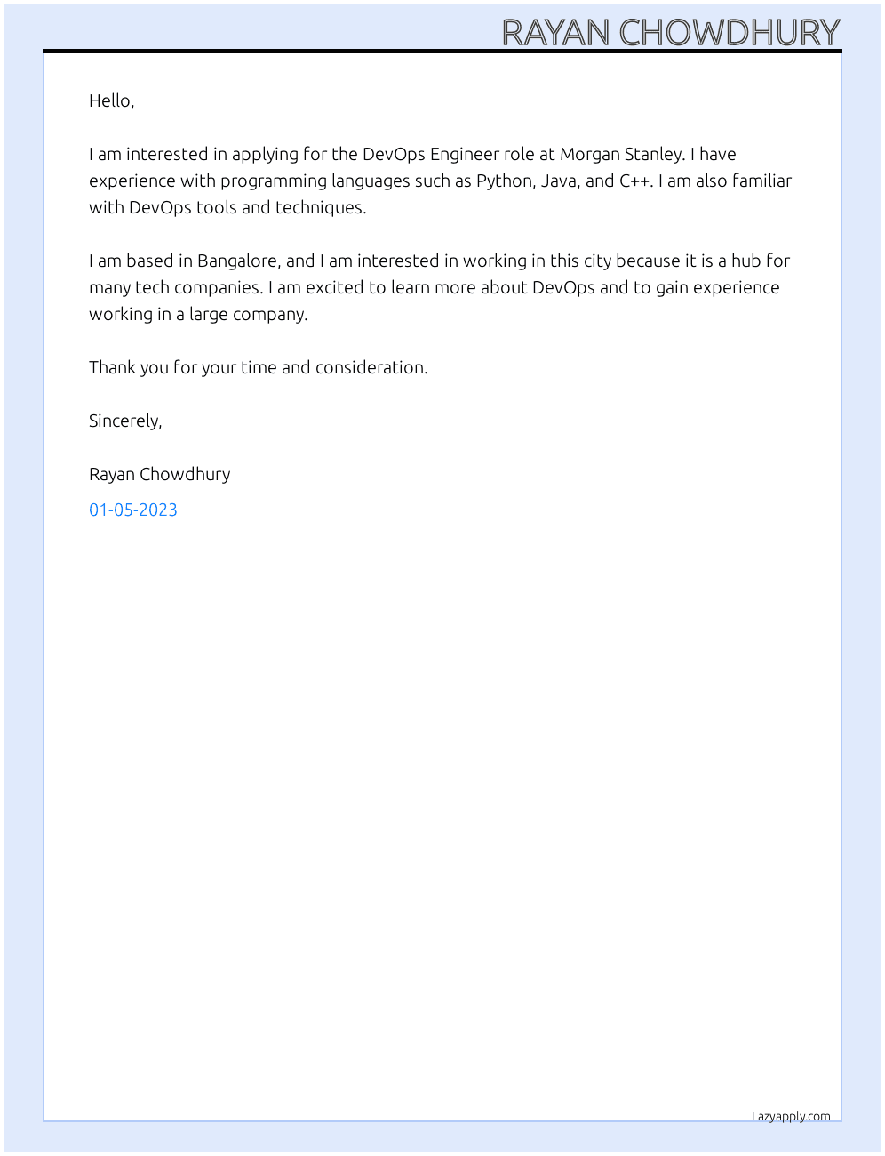 DevOps Engineer At Morgan Stanley Cover Letter