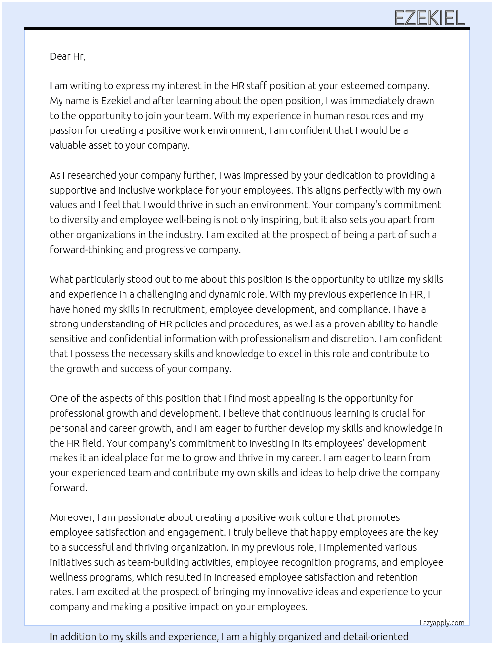 Hr staff  At Hr Cover Letter