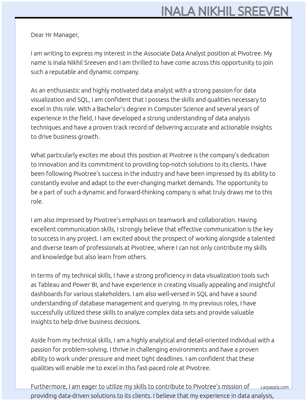 Associate data analyst  At Pivotree Cover Letter