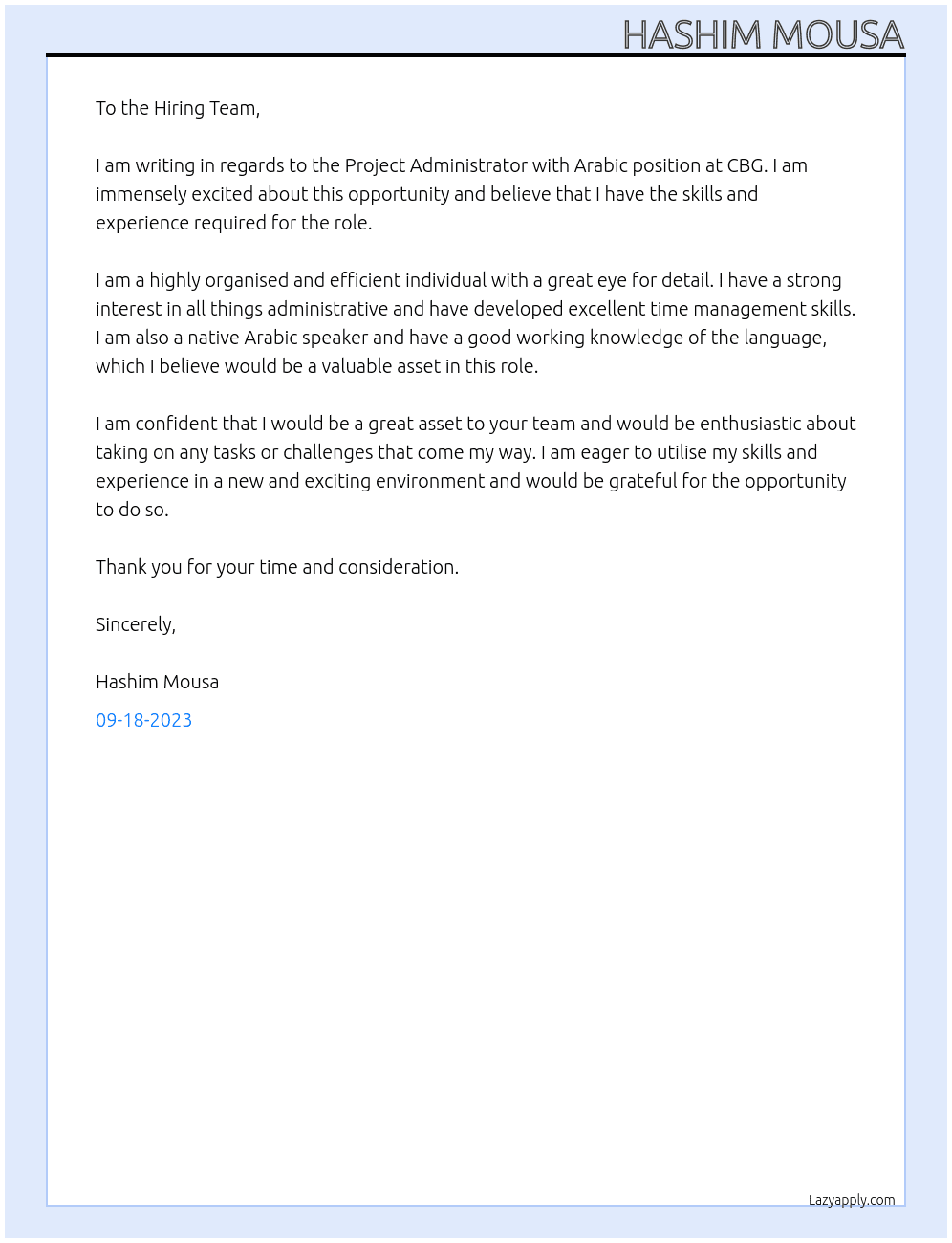 Project Administrator with Arabic At CBG Cover Letter