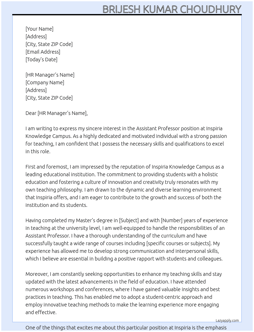 Assistant Professor  At Inspiria Knowledge Campus  Cover Letter