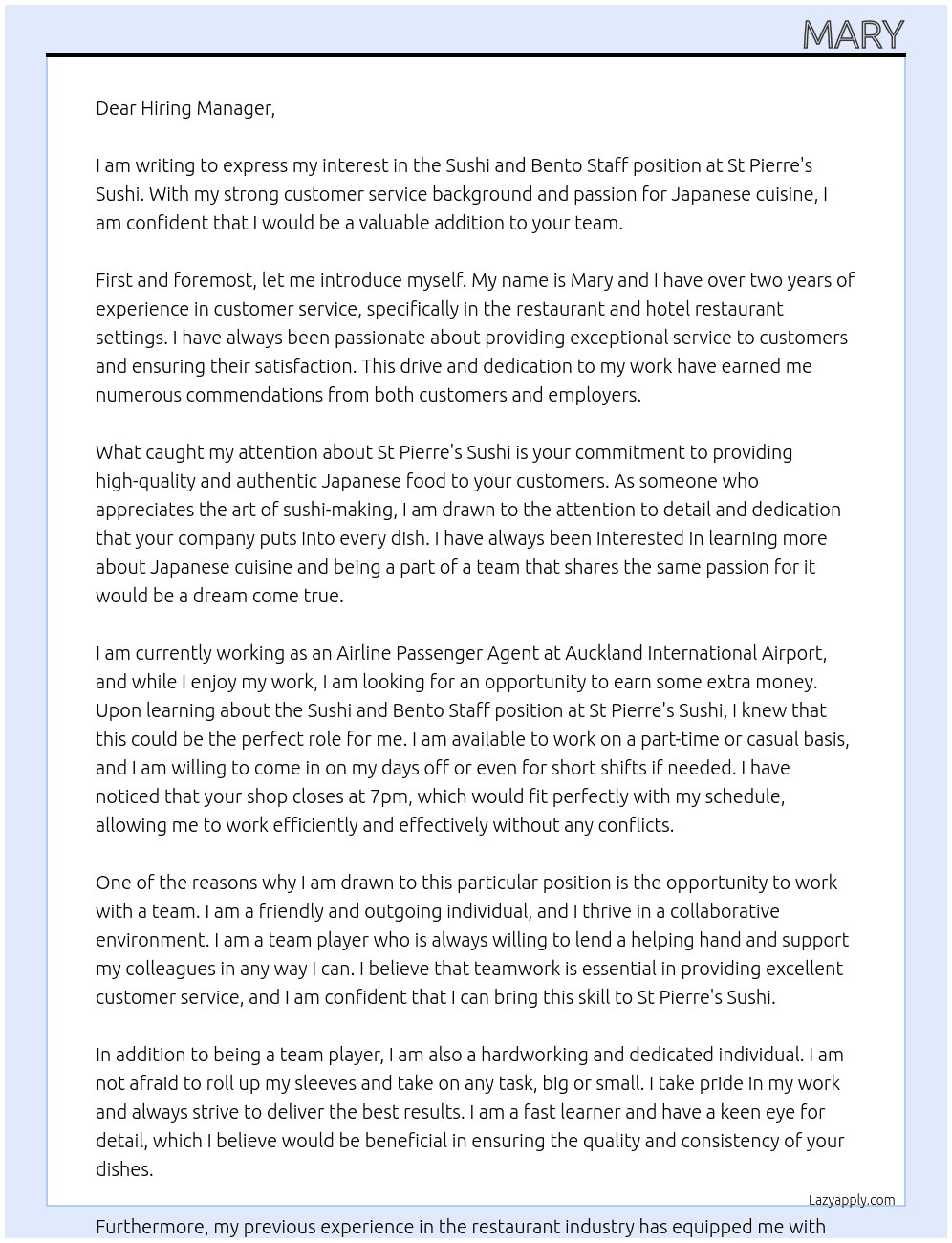 Sushi and Bento Staff At St Pierre's Sushi Cover Letter