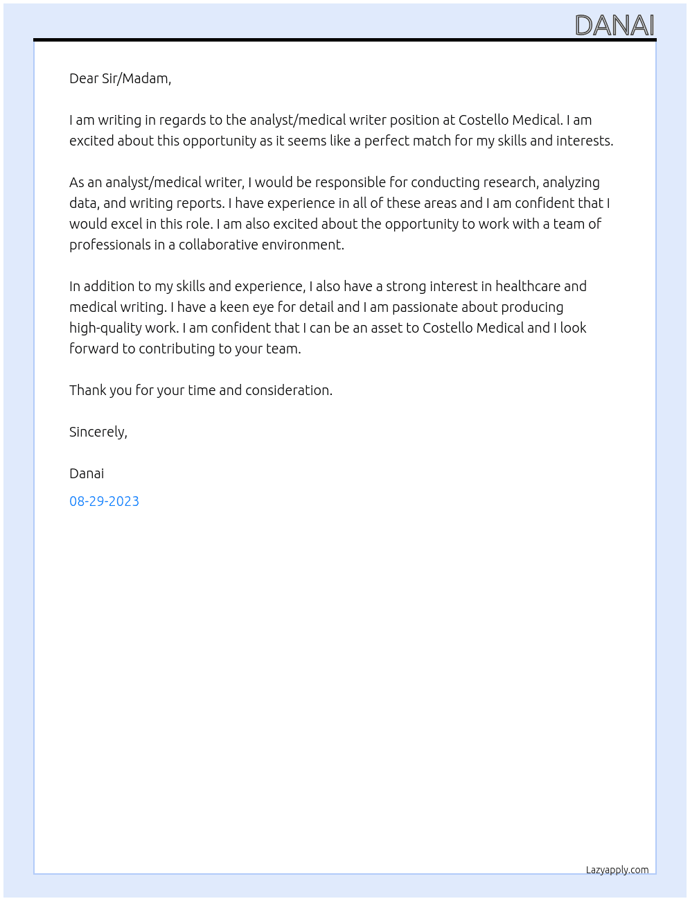 analyst/medical writer At Costello Medical Cover Letter