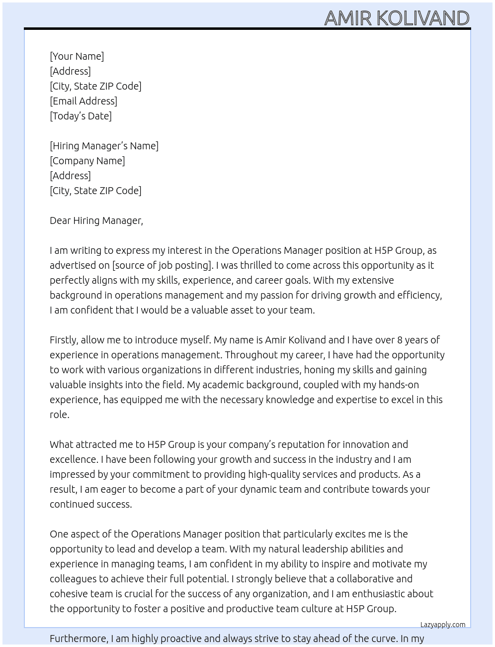 Operations manager At H5P Group Cover Letter