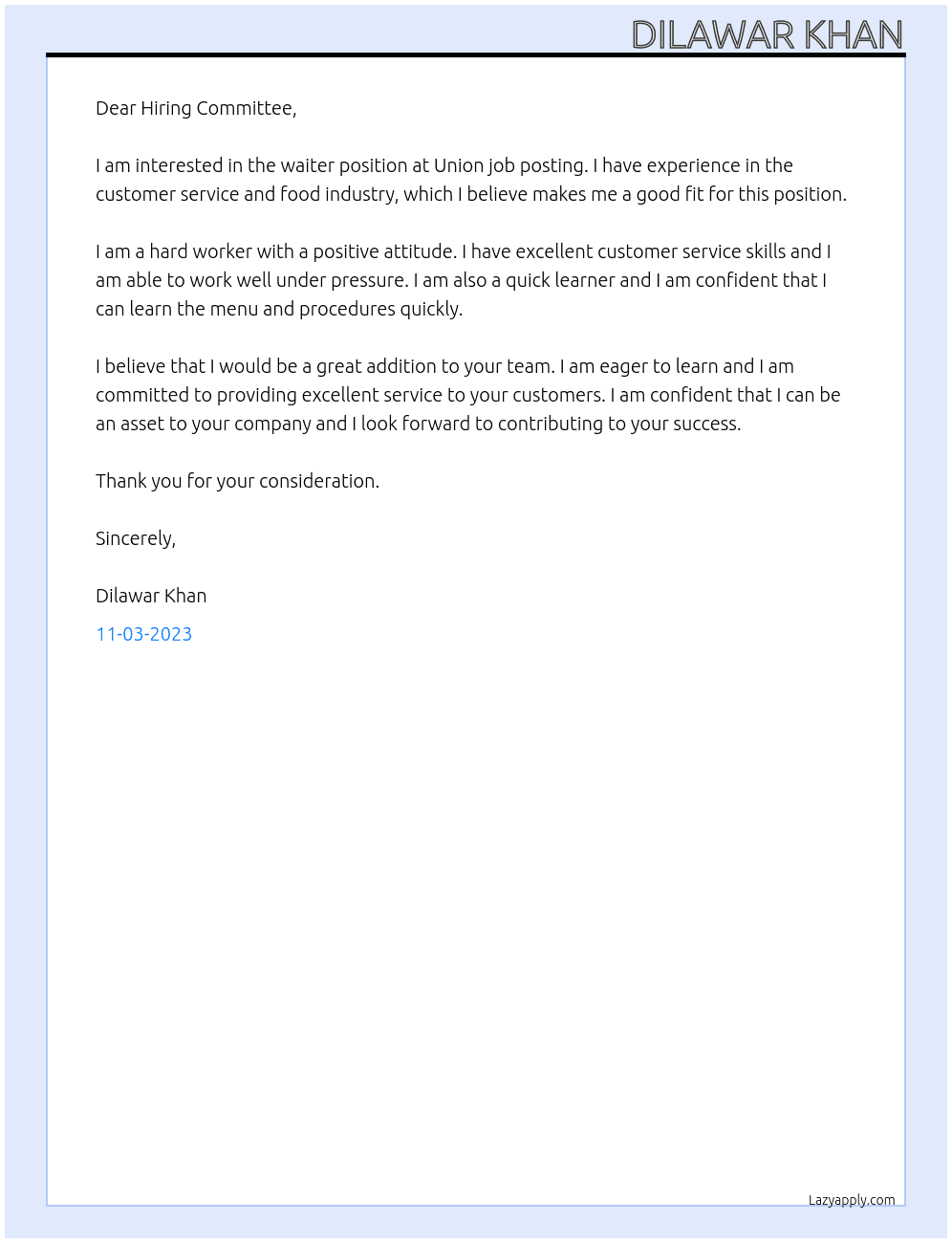 Waiter  At Union job posting  Cover Letter