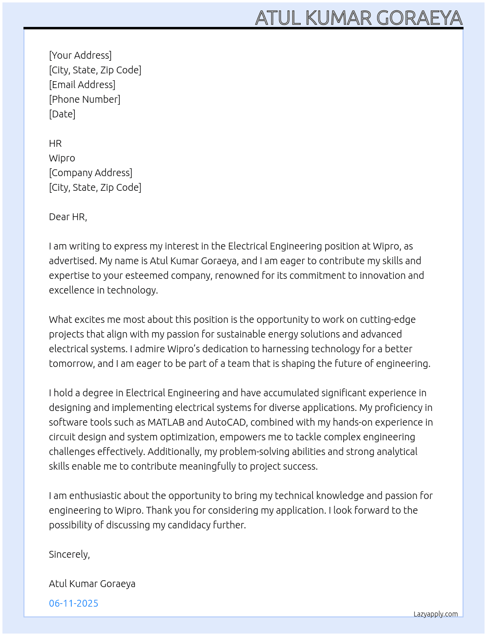 Electrical Engineering At Wipro Cover Letter