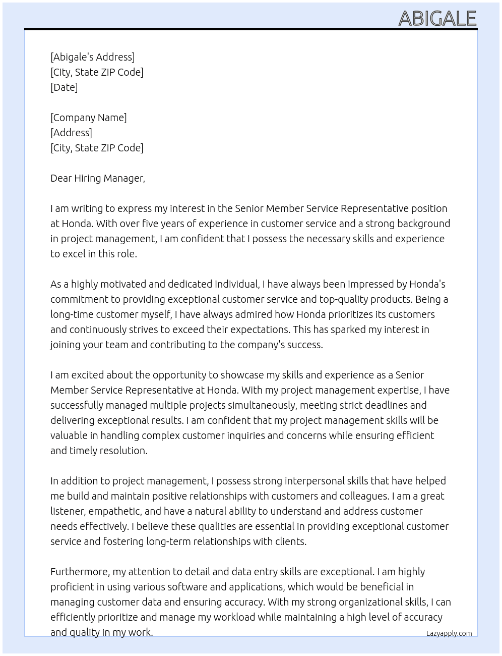 Senior member service representative At Honda Cover Letter