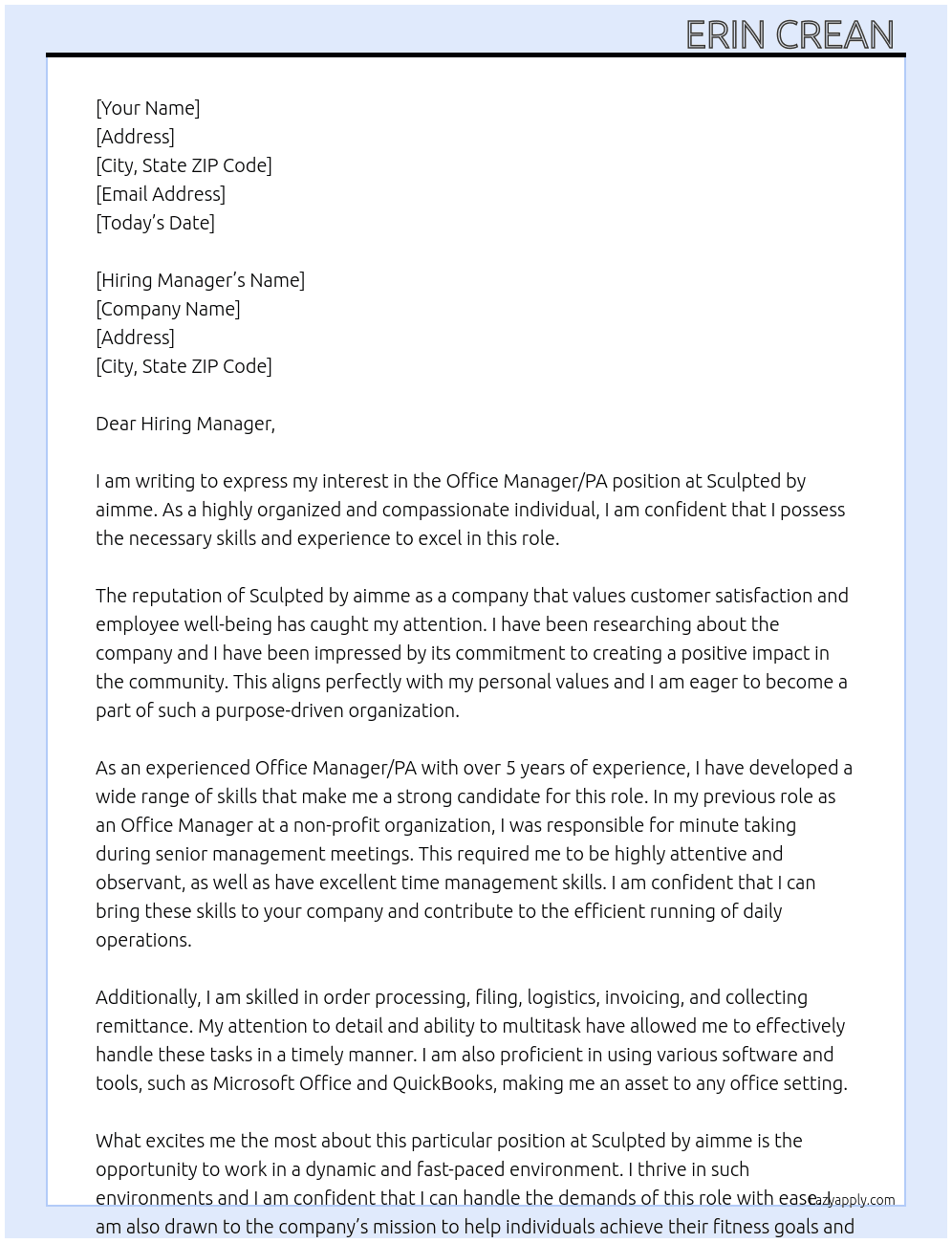 Office manager/ PA At Sculpted by aimme  Cover Letter