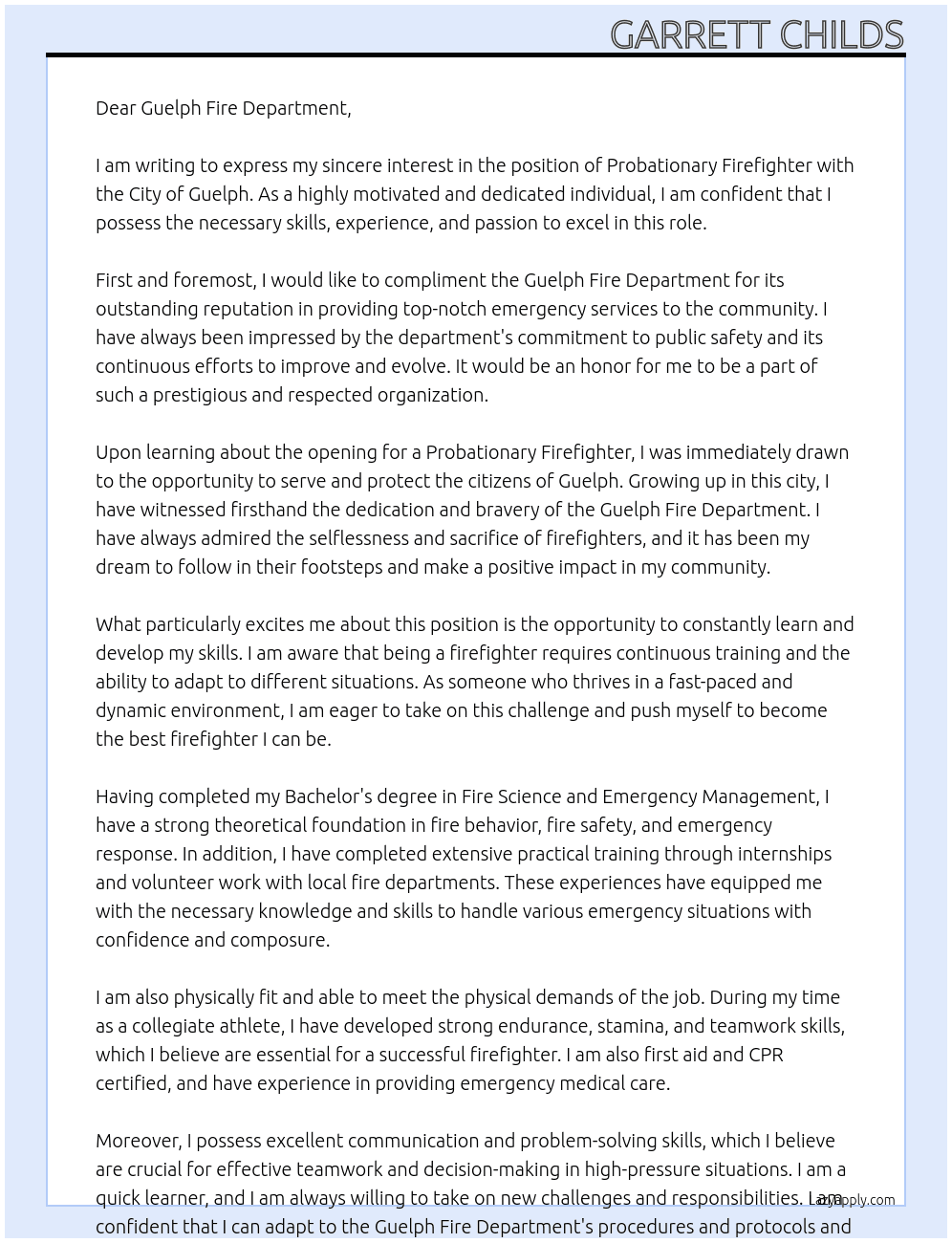 Probationary Firefighter  At City of guelph  Cover Letter