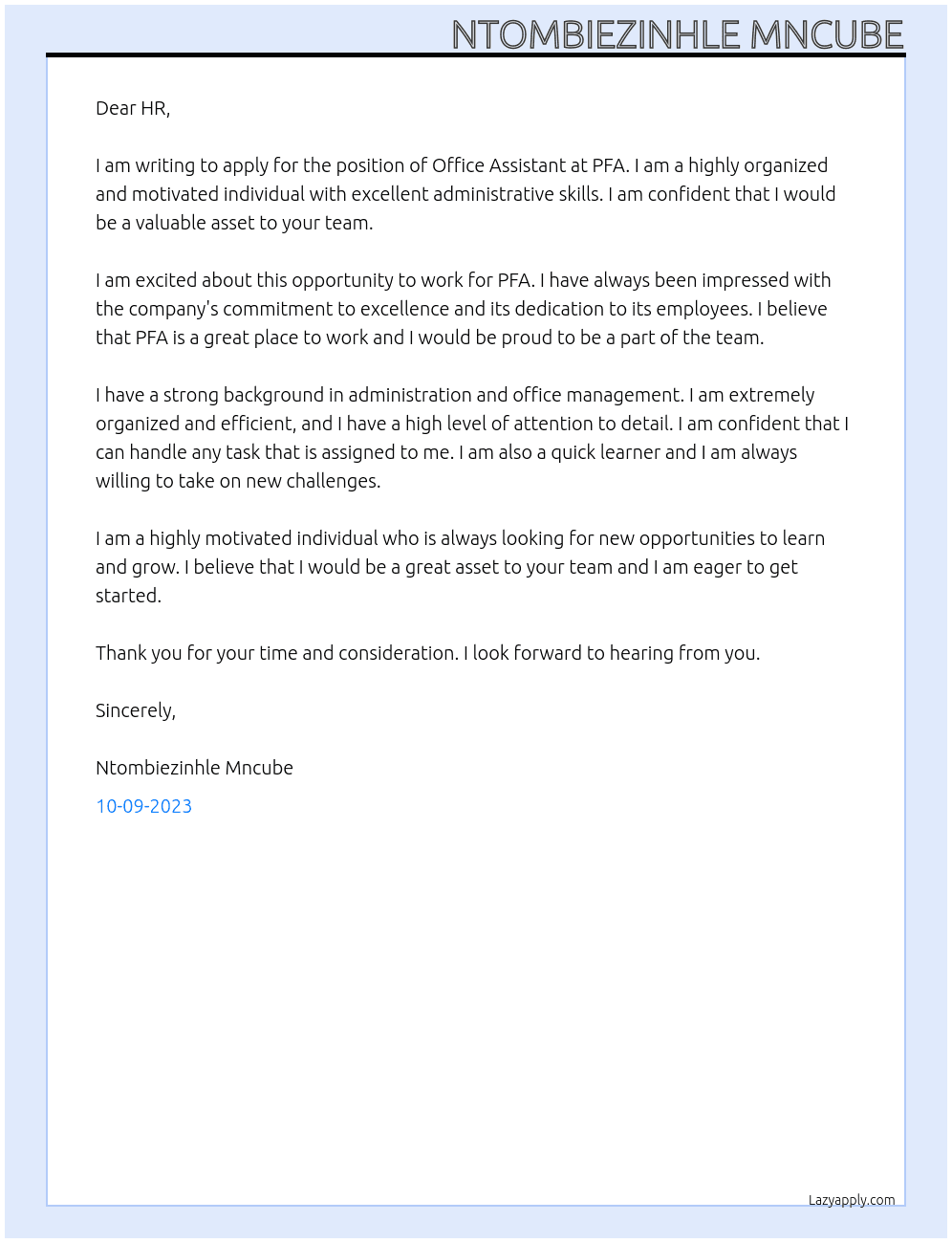 Office Assistant At PFA Cover Letter