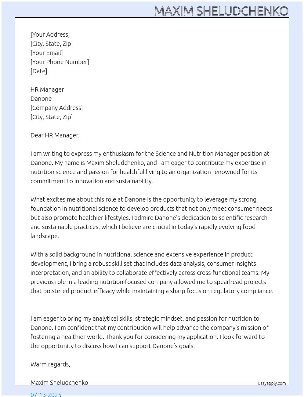 Science and Nutrition Manager At Danone Cover Letter