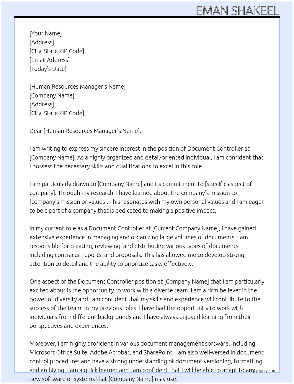 document controller At office Cover Letter