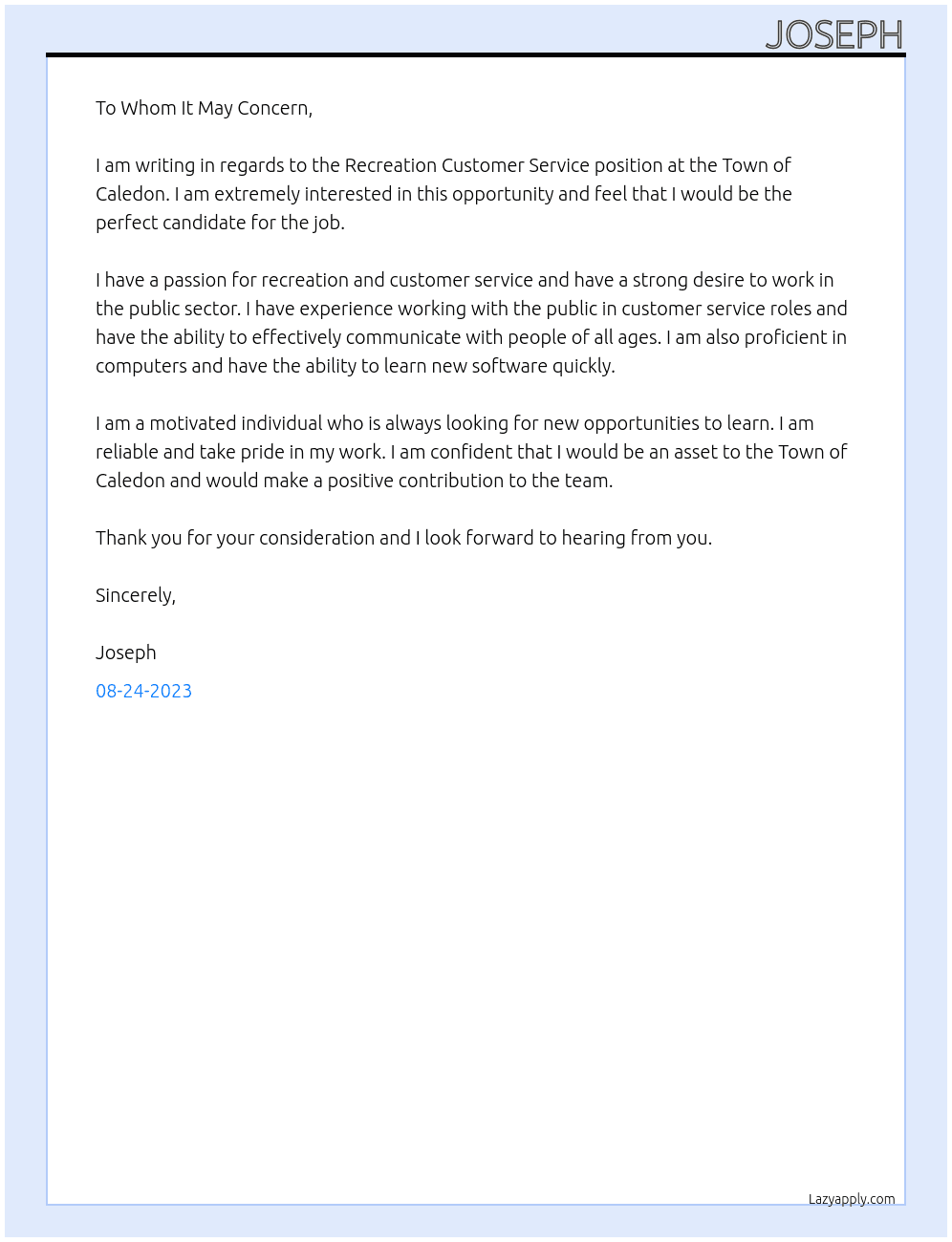 Recreation Customer Service At Town of Caledon Cover Letter