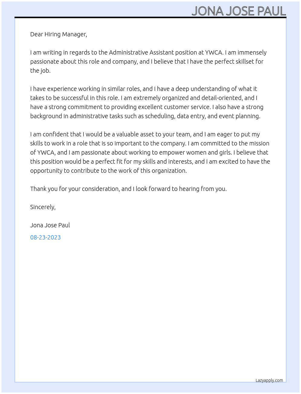 Administrative Assistant At YWCA Cover Letter