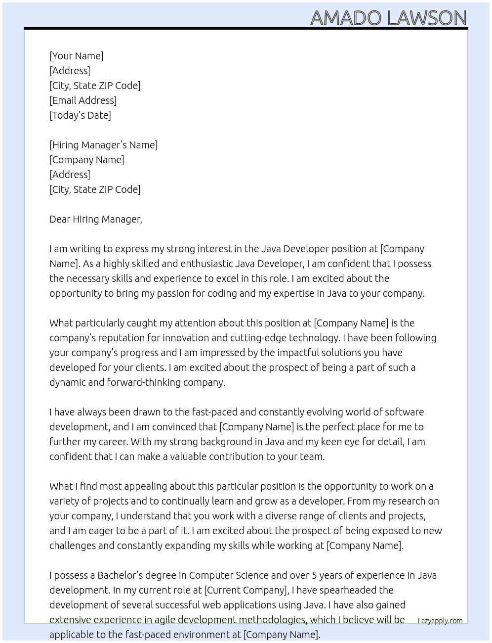 Java Developer At your company Cover Letter