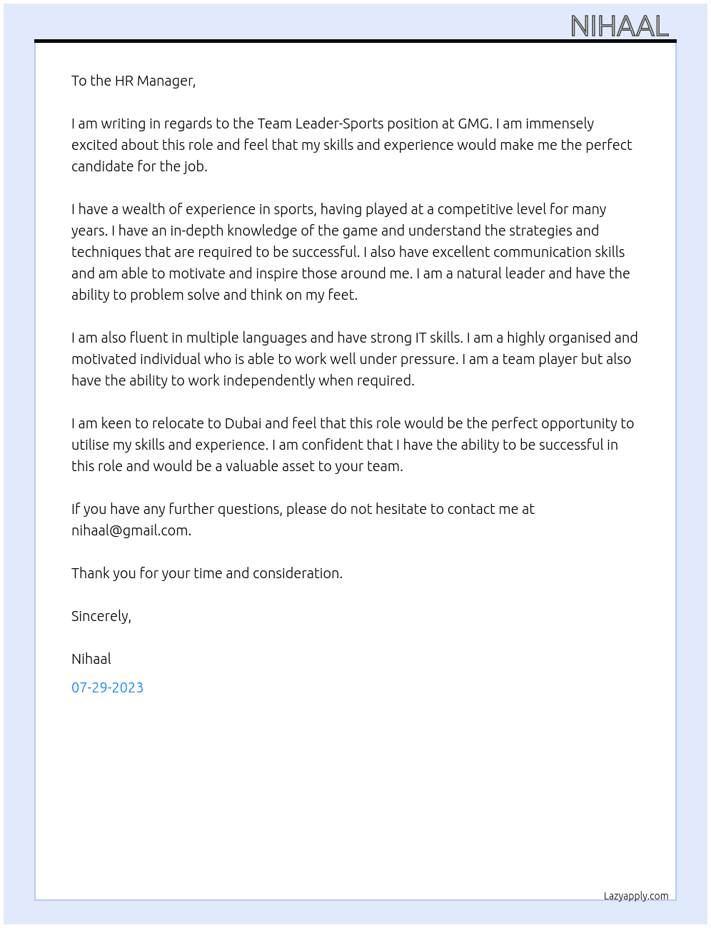 Team leader-Sports At GMG Cover Letter