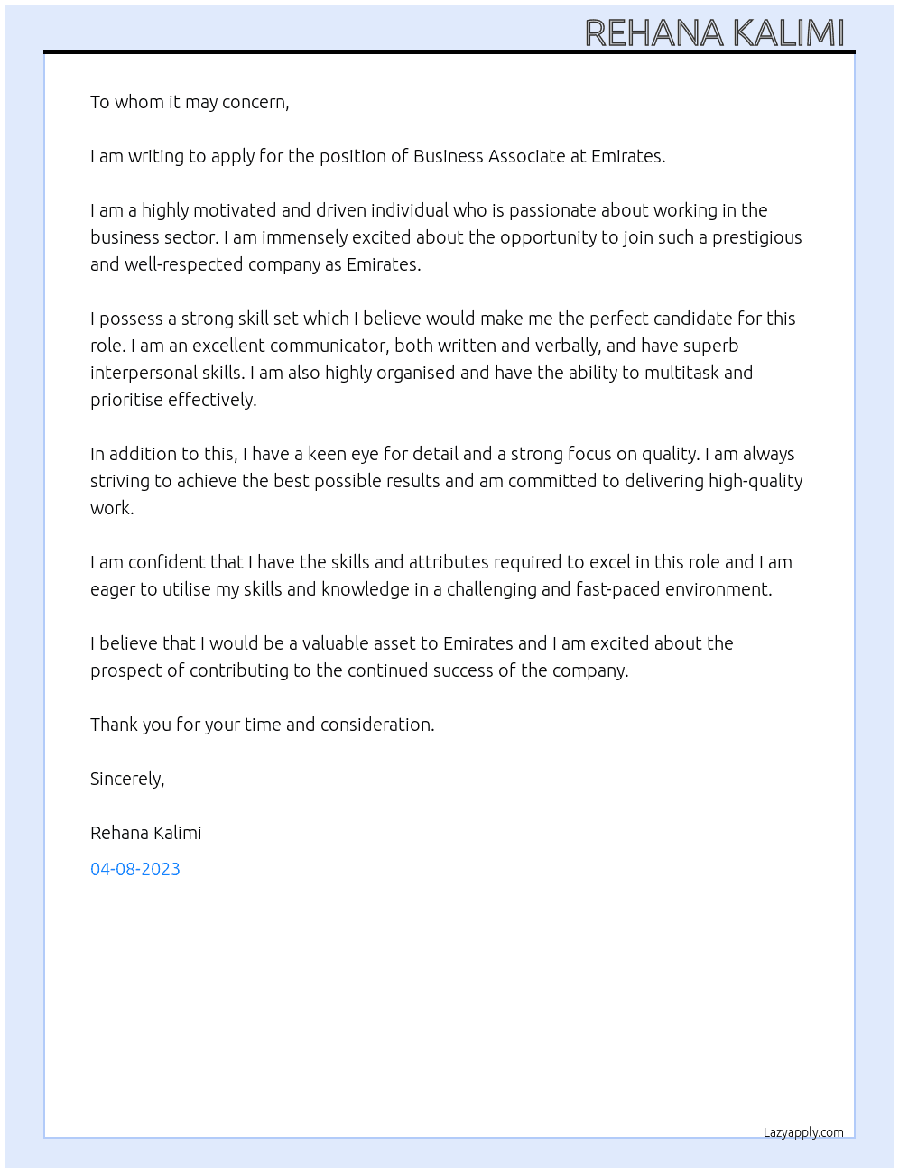 business associate  At Emirates  Cover Letter
