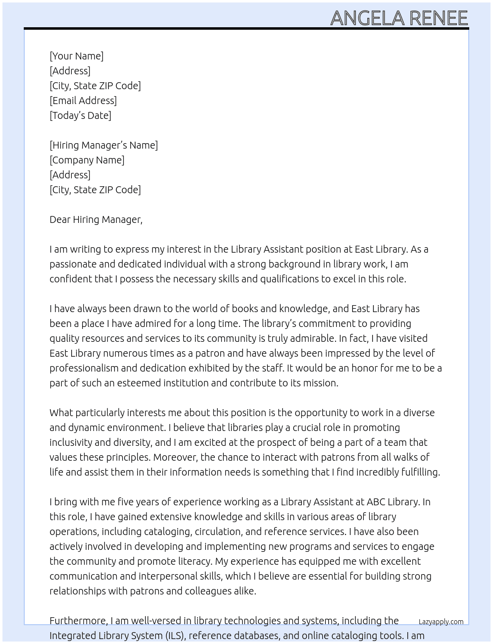 Library Assistant At East Library Cover Letter