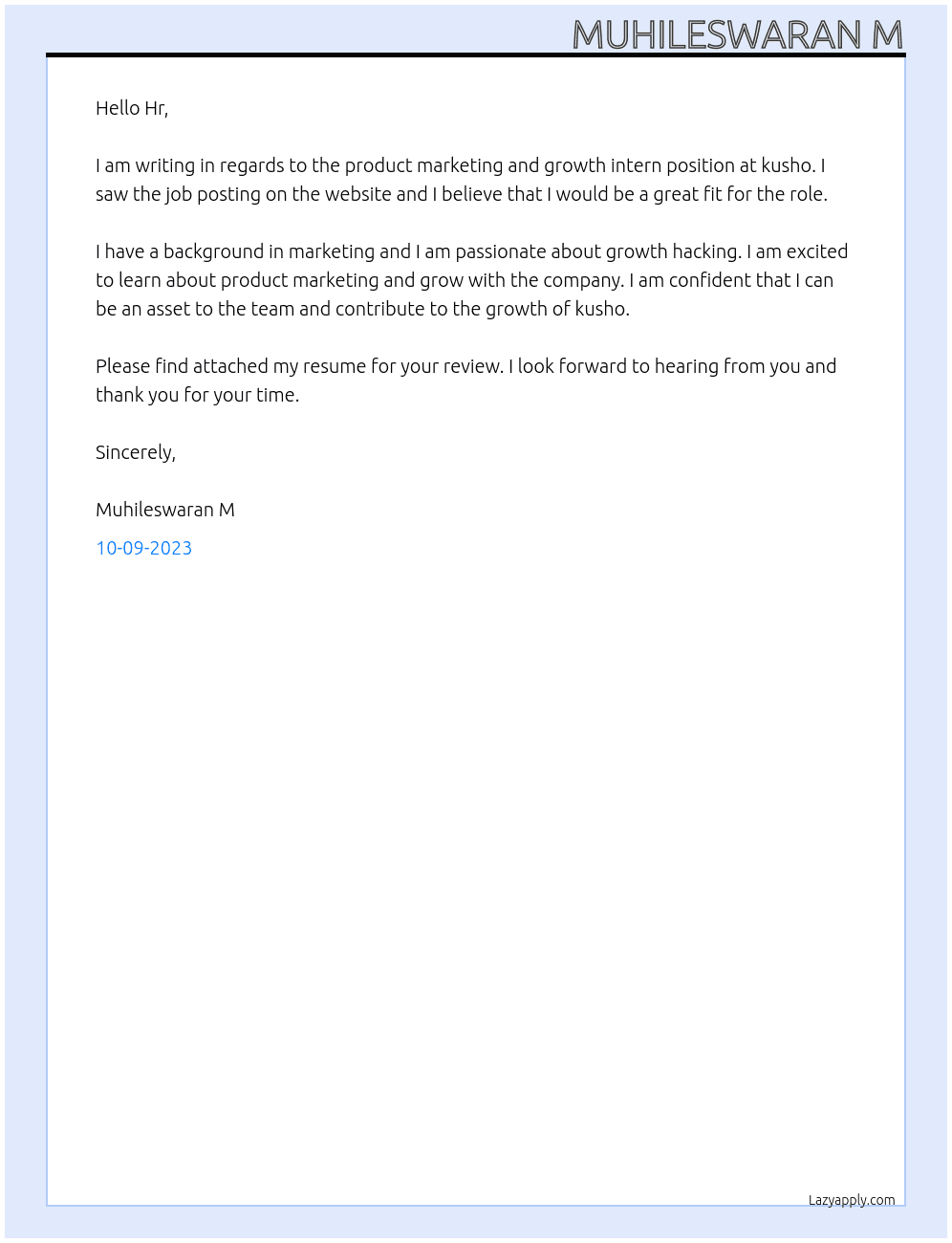 product marketing and growth intern At kusho Cover Letter