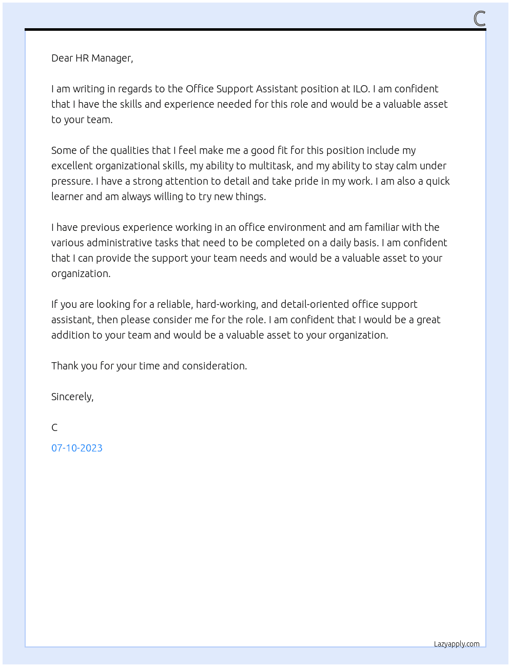 Office Support Assistant At ILO Cover Letter