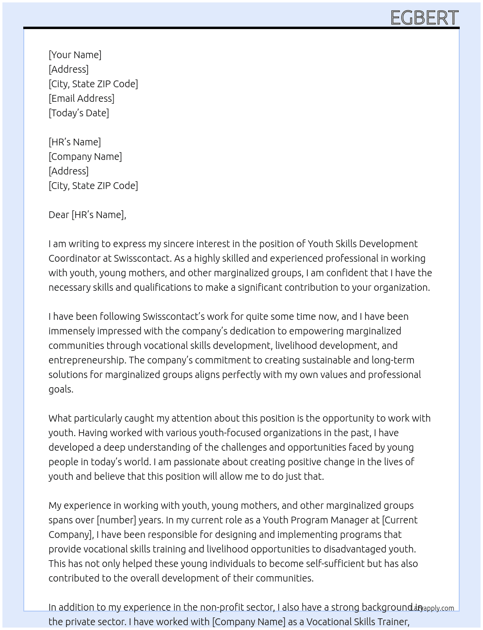 Youth Skills Development Coordinator At Swisscontact Cover Letter