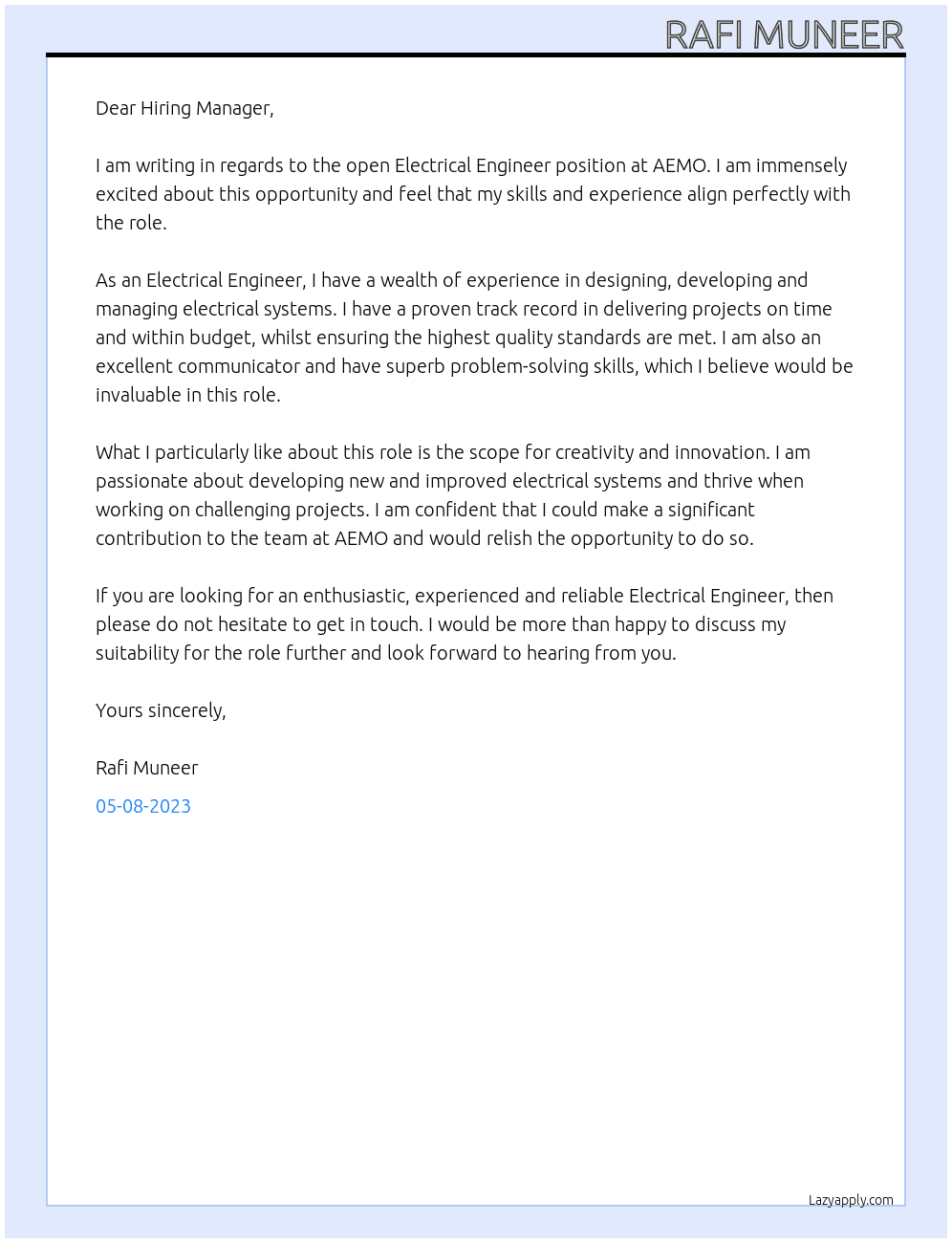 Electrical Engineer At AEMO Cover Letter