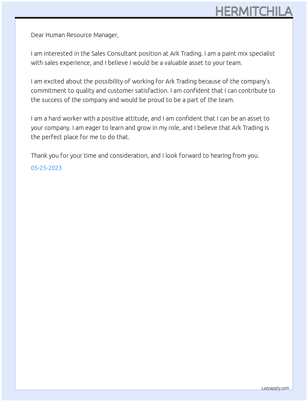 Sales Consultant At Ark Trading Cover Letter