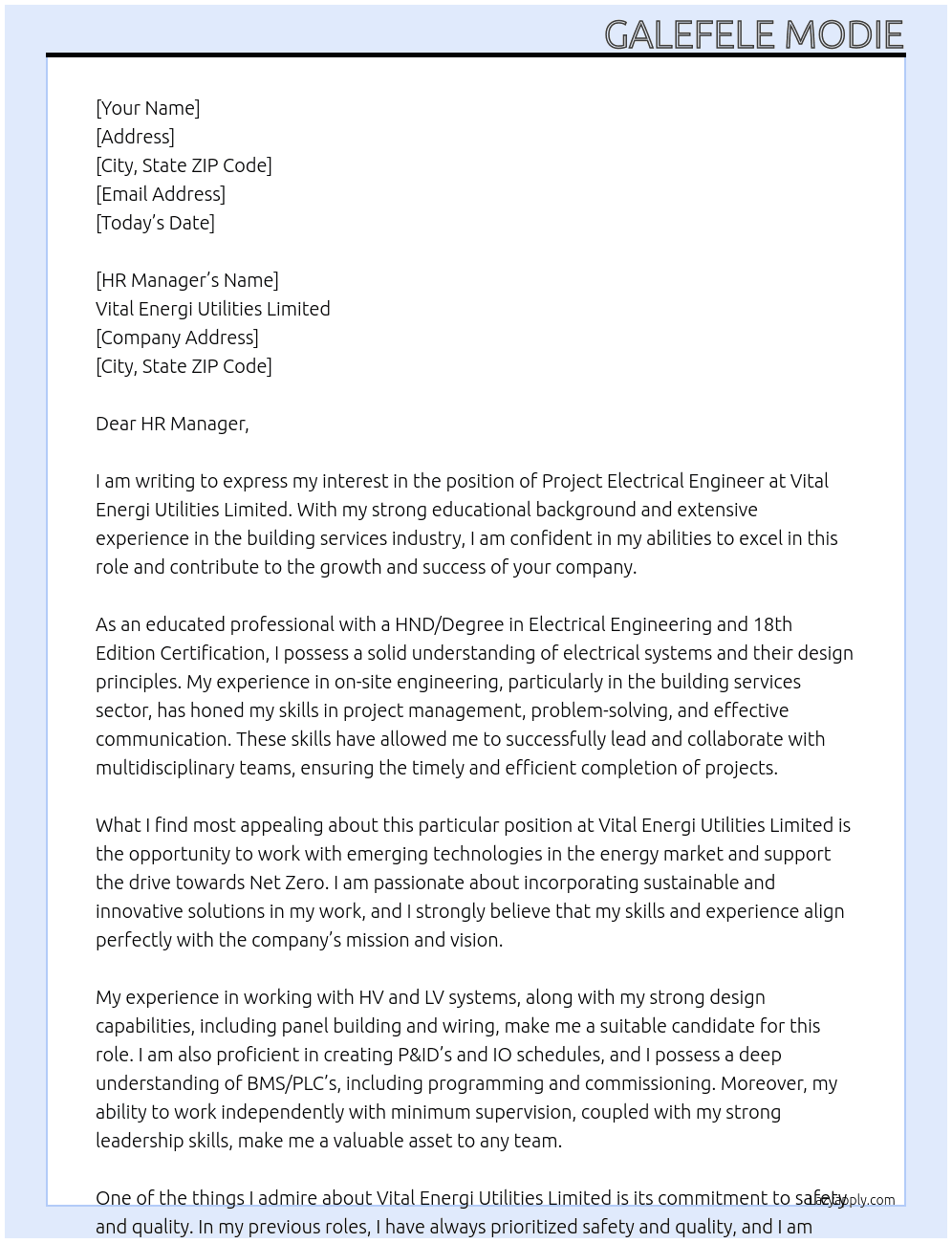 Project Electrical Engineer At Vital Energi Utilities Limited Cover Letter