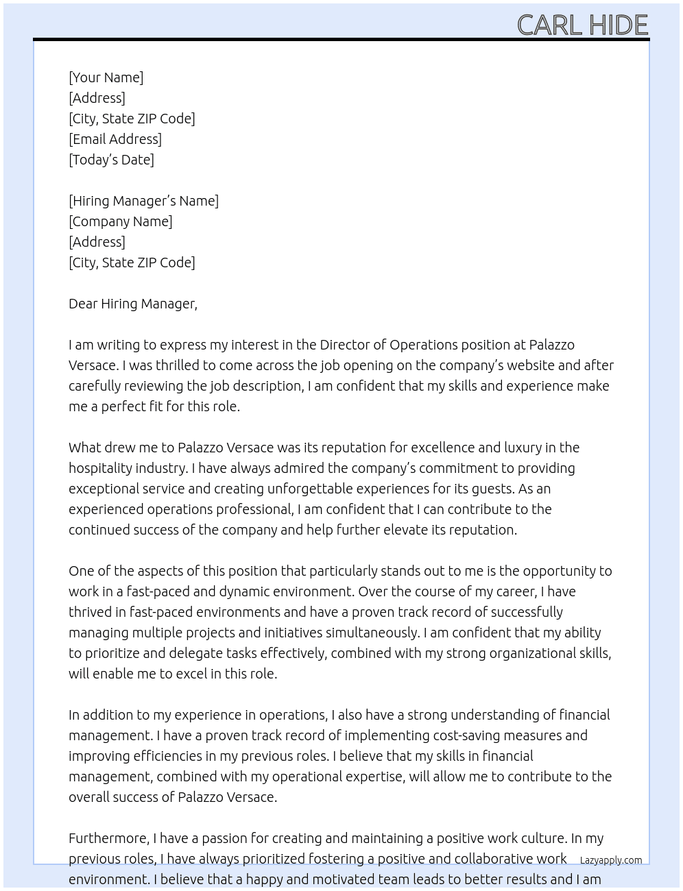 Director of operations  At Palazzo Versace Cover Letter