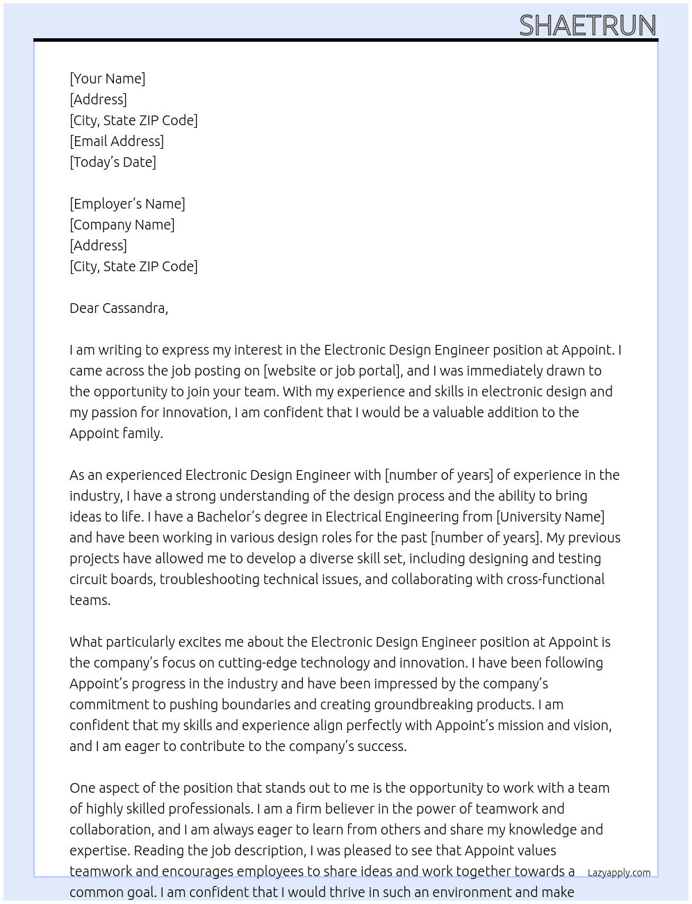 Electronic Design Engineer At Appoint Cover Letter