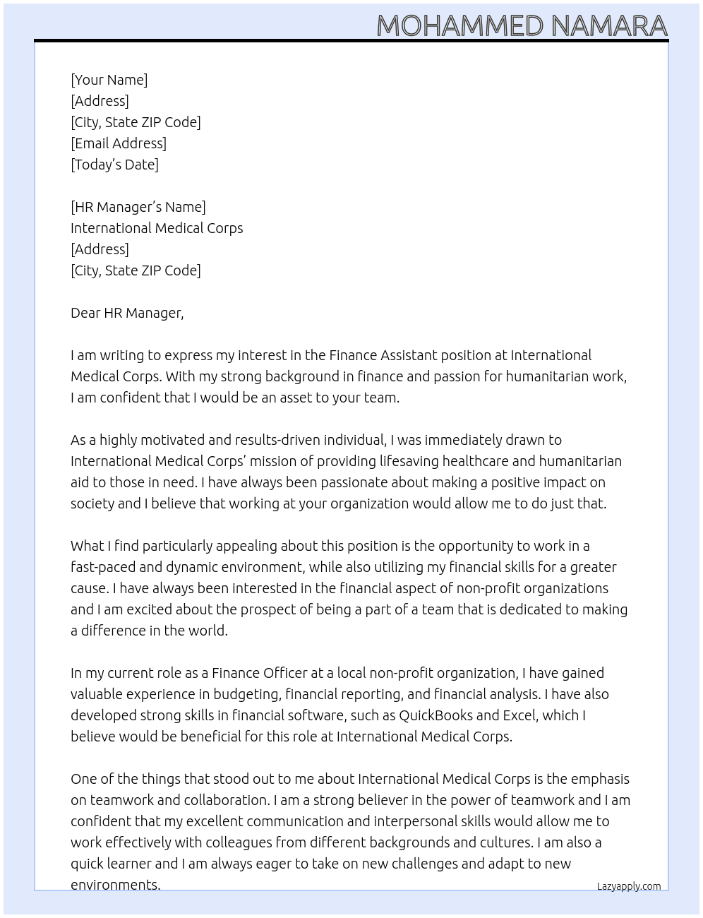 Finance Assistant At International medical corps Cover Letter