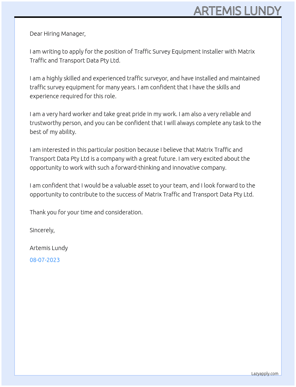 Traffic Survey Equipment Installer At Matrix Traffic and Transport Data Pty Ltd Cover Letter