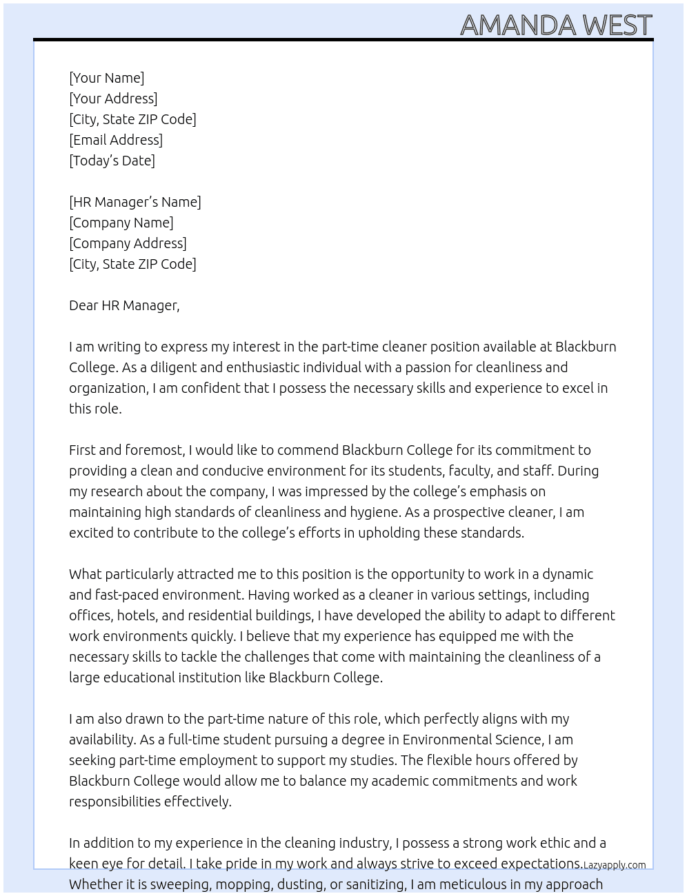 cleaner At Blackburn College Cover Letter