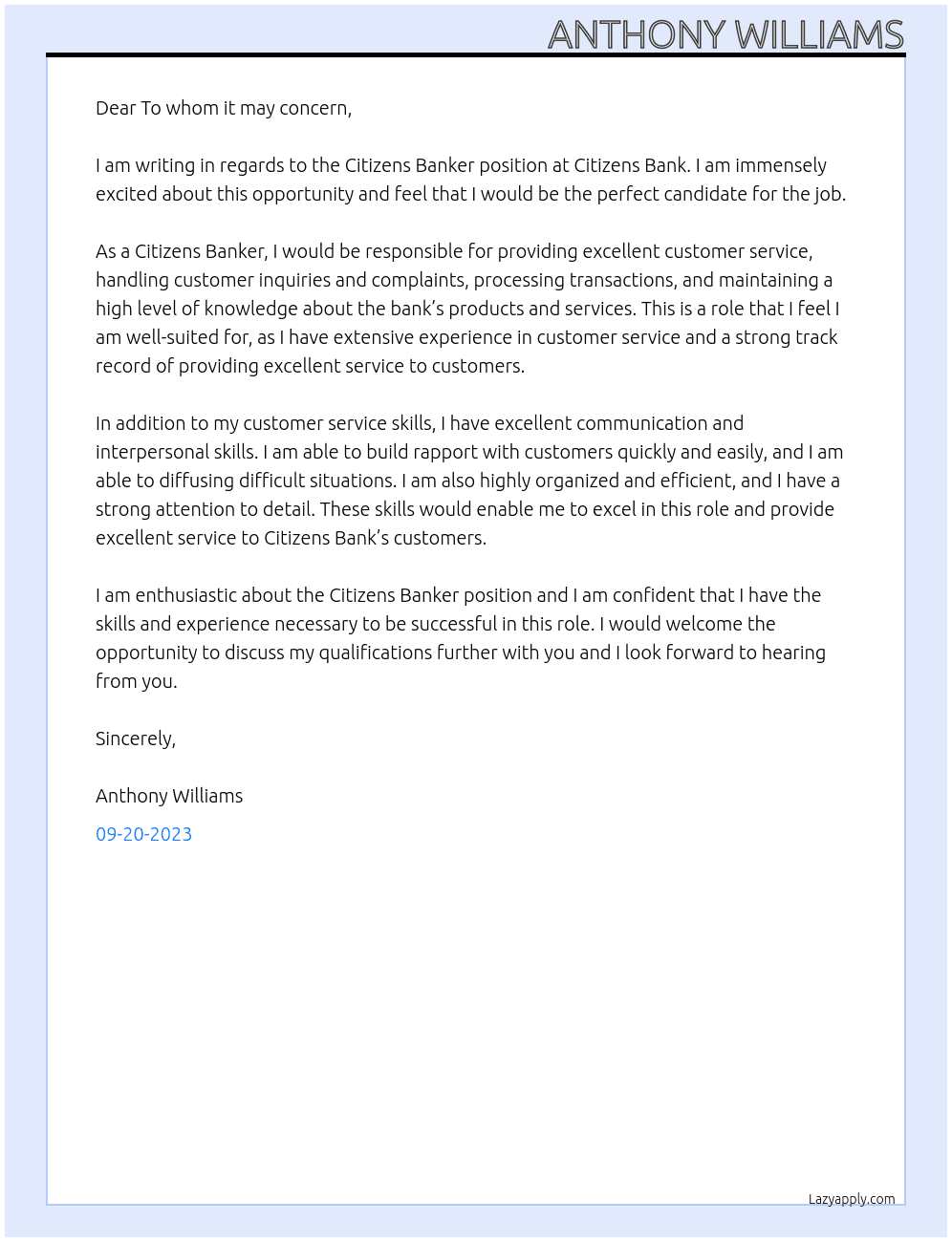 Citizens Banker At Citizens Bank Cover Letter