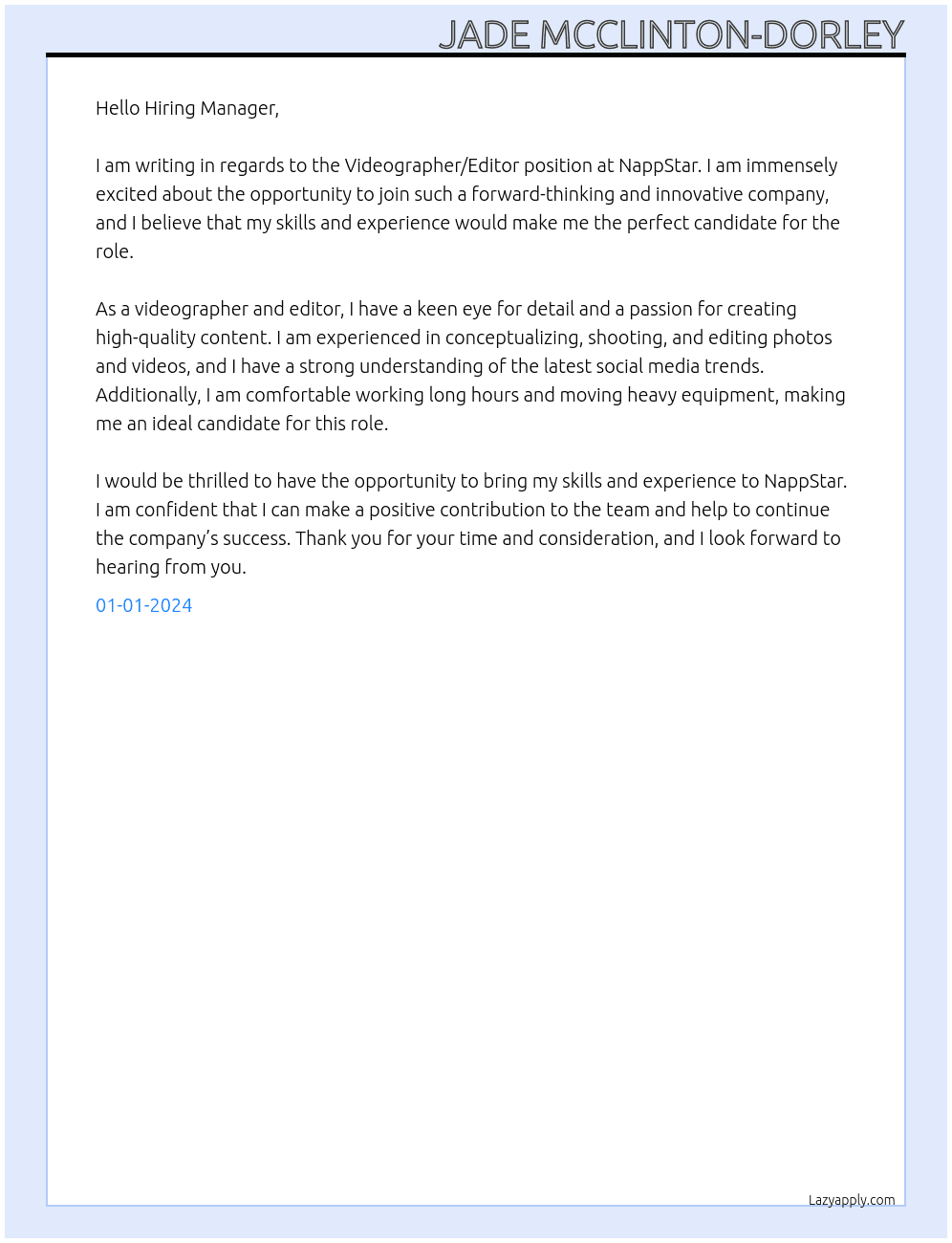 Videographer/Editor At NappStar Cover Letter