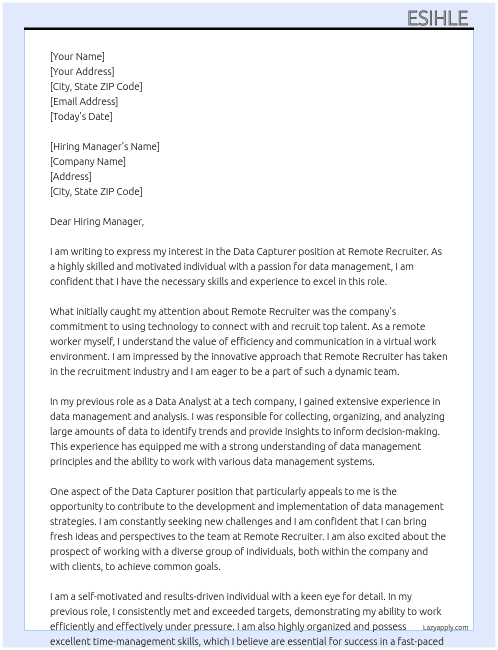 Data Capturer  At Remote Recruiter  Cover Letter