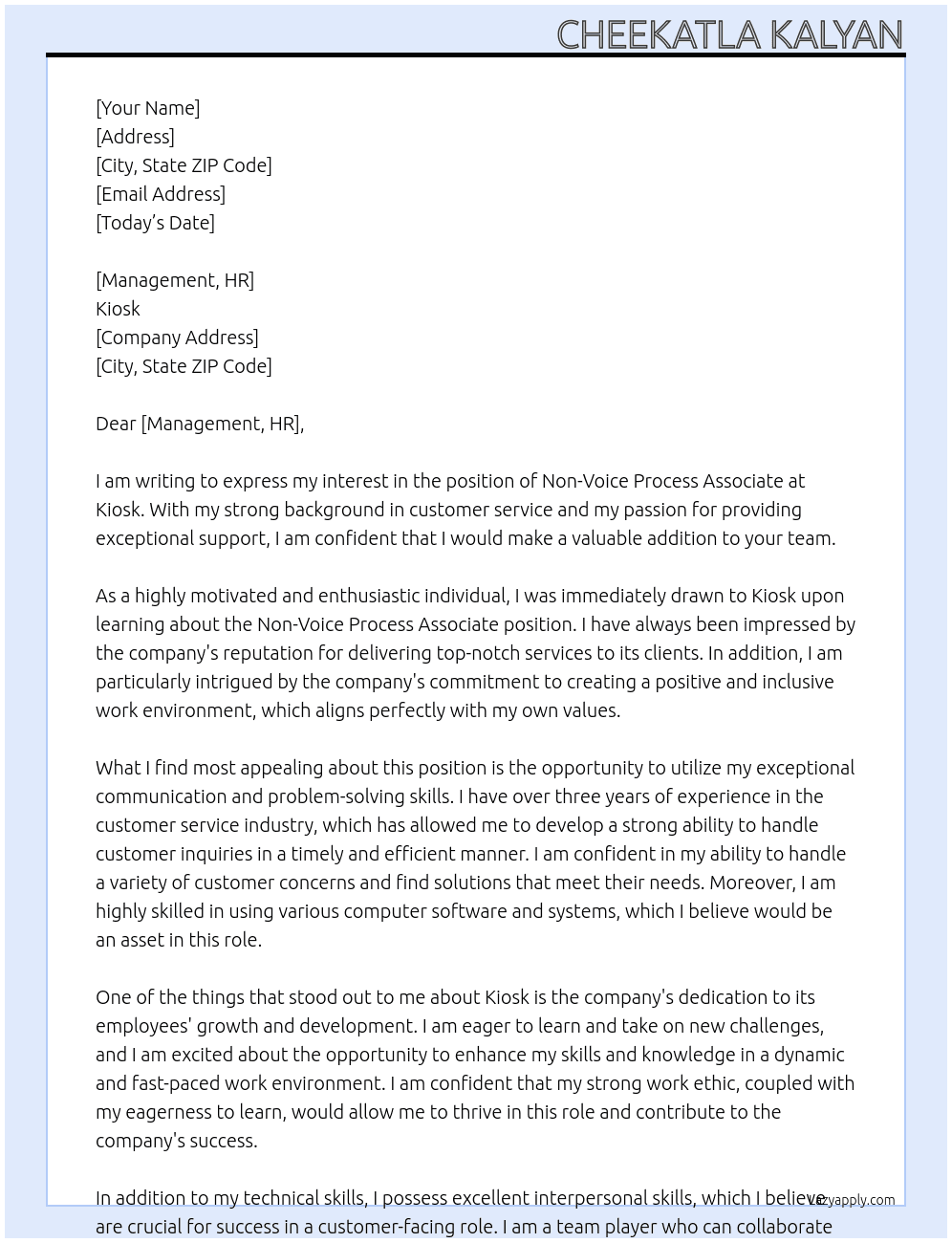 Non voice process associate  At Kiosk Cover Letter