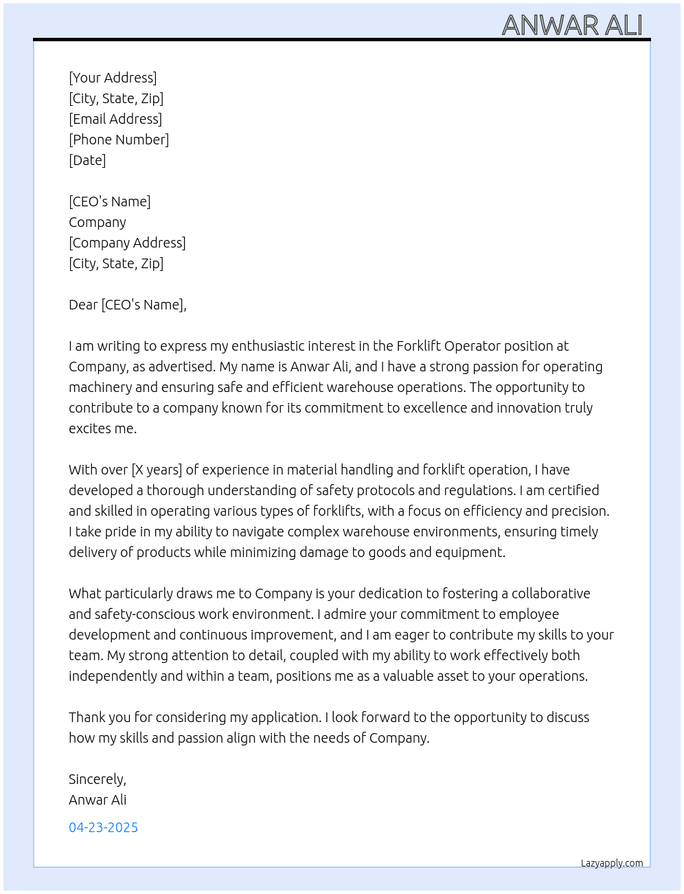 Forklift operator  At Company  Cover Letter