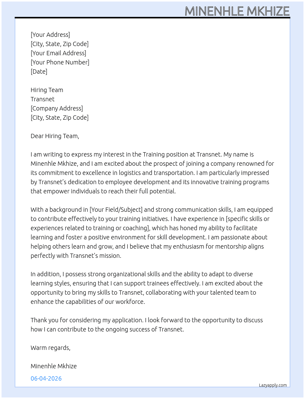 Training at Transnet At Transnet Cover Letter