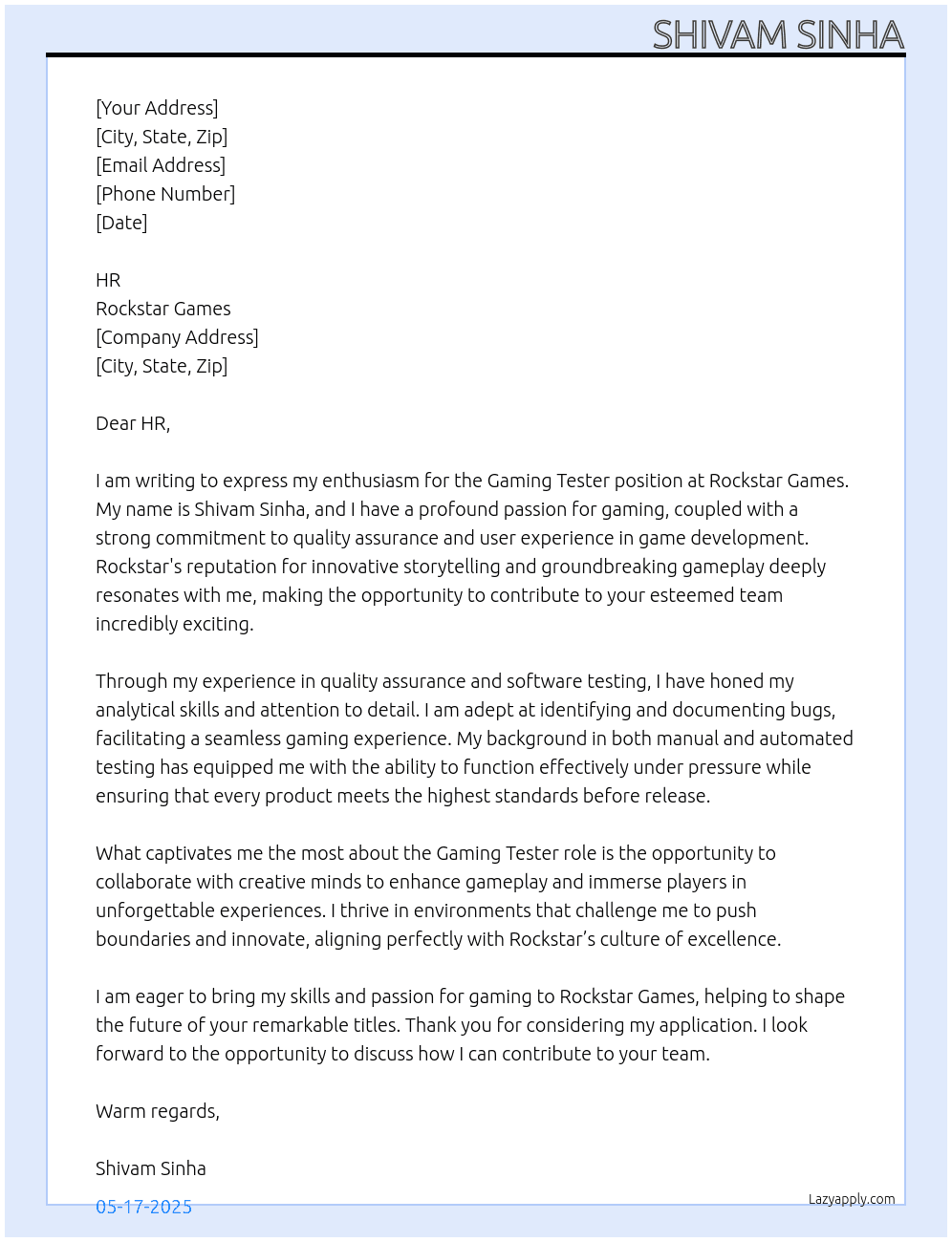 Gaming Tester At Rockstar Games Cover Letter
