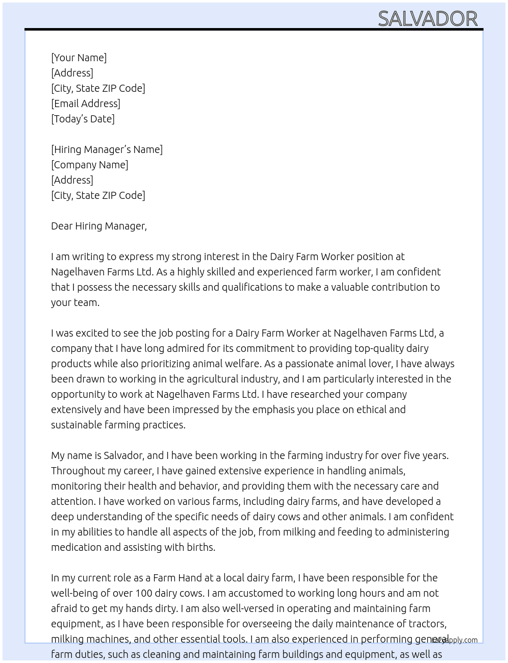 Dairy farm worker  At Nagelhaven Farms Ltd Cover Letter