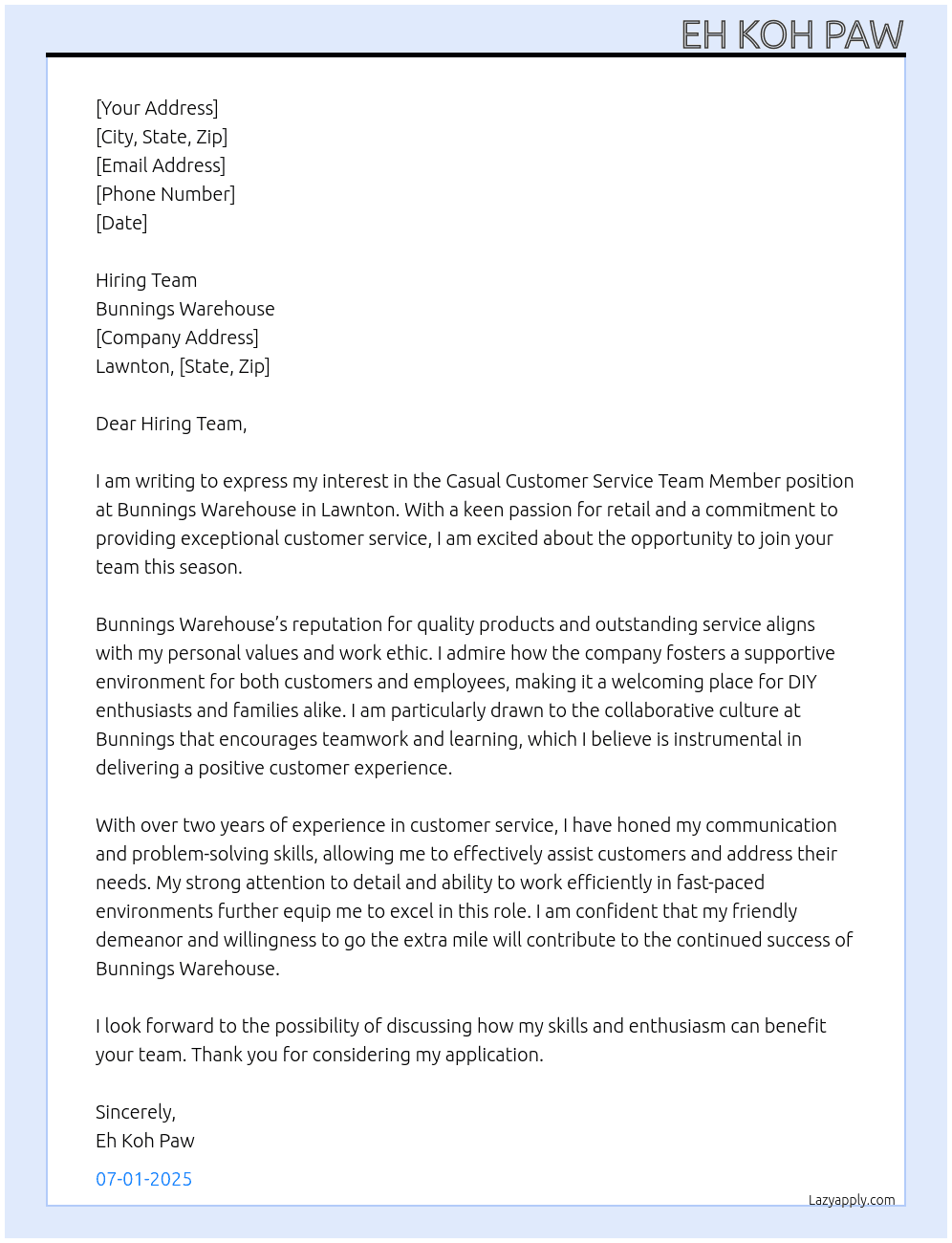 Customer service team member At Bunnings Warehouse Cover Letter