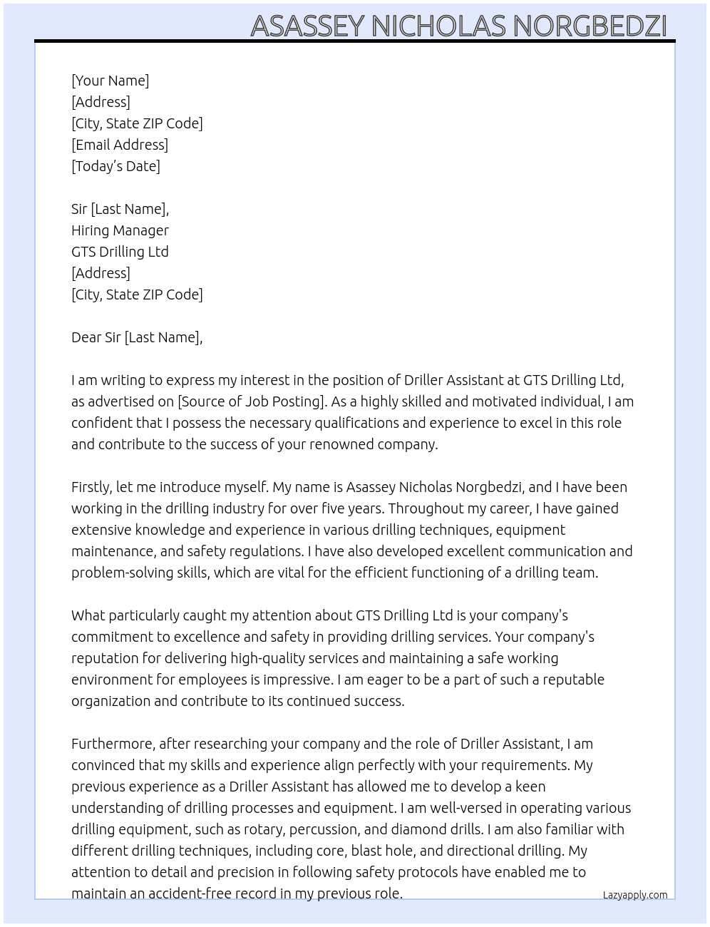 Driller Assistant At GTS Drilling Ltd Cover Letter