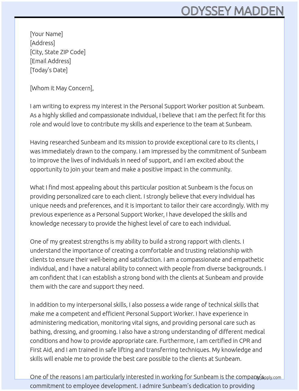 Personal Support Worker At Sunbeam Cover Letter