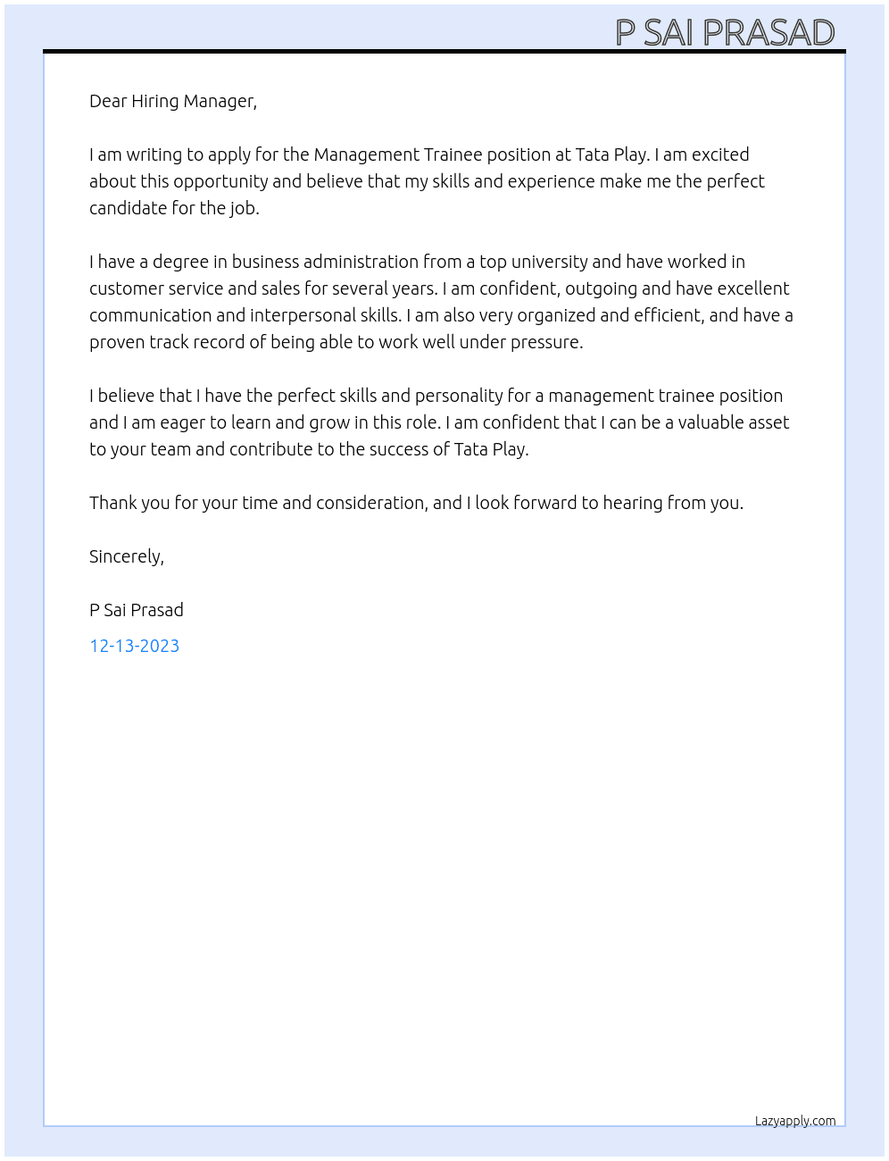Management Trainee  At Tata Play Cover Letter